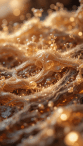 Ultra-close view of Grade-A teak wood compounds including tectoquinones, lapachol, natural oils, silica, and lignin reacting at a molecular level in a soft animated glow