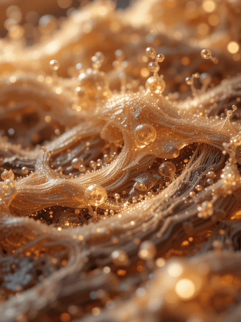 Ultra-close view of Grade-A teak wood compounds including tectoquinones, lapachol, natural oils, silica, and lignin reacting at a molecular level in a soft animated glow