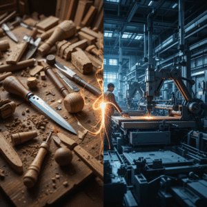 Comparison of handcrafted Grade-A teak furniture tools versus industrial machine tools highlighting natural craftsmanship and mechanical production