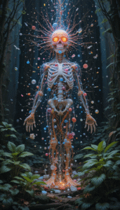 Human figure radiating light through skeletal and nervous system in lush forest, symbolizing energetic alignment with nature and biophilic design.