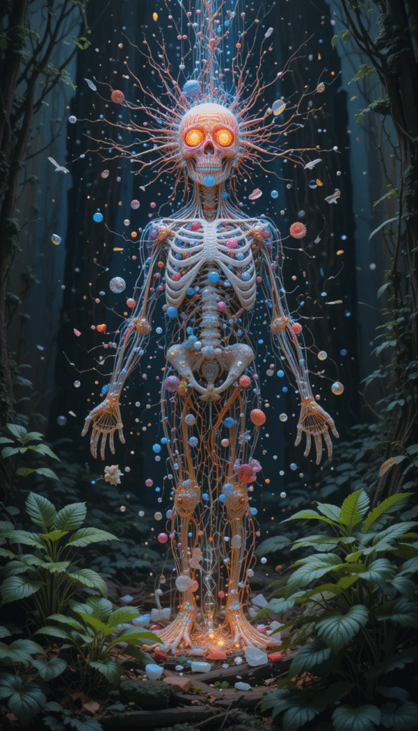 Human figure radiating light through skeletal and nervous system in lush forest, symbolizing energetic alignment with nature and biophilic design.