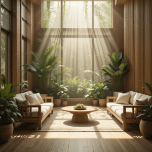 Handcrafted Grade-A teak wood furniture in a biophilic interior, surrounded by natural light and indoor plants, promoting wellness and energetic balance