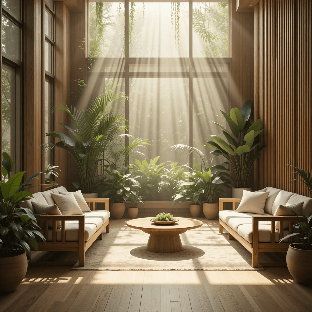 Handcrafted Grade-A teak wood furniture in a biophilic interior, surrounded by natural light and indoor plants, promoting wellness and energetic balance